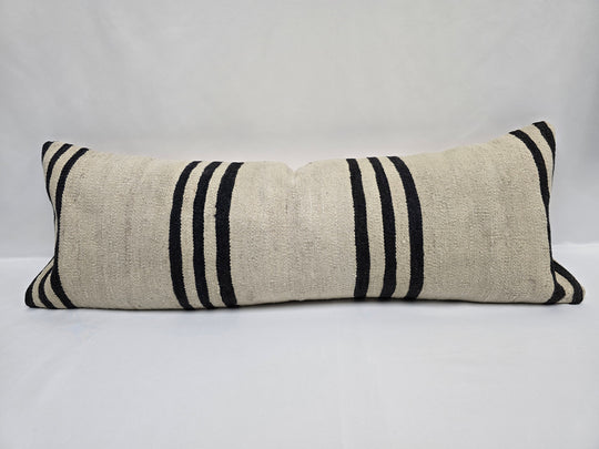 Turkish Lumbar Rug Pillow Cream Black Cushion Cover Hemp Pillow 14" x 40" #9512