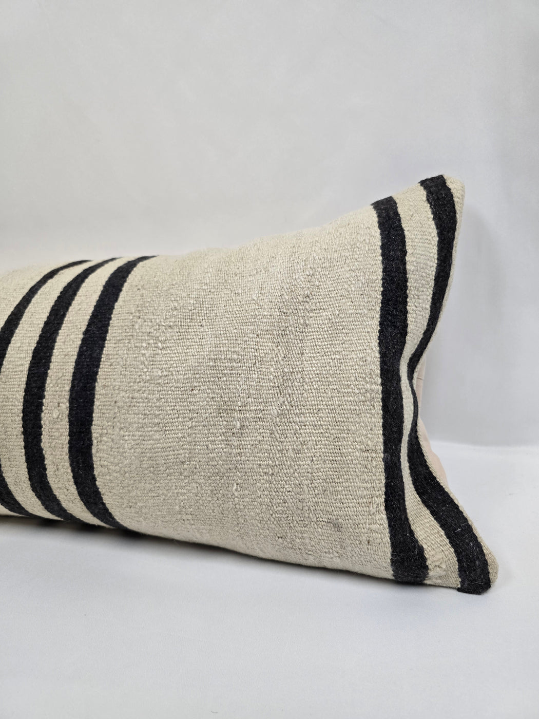 Turkish Lumbar Rug Pillow Cream Black Cushion Cover Hemp Pillow 14" x 40" #9512