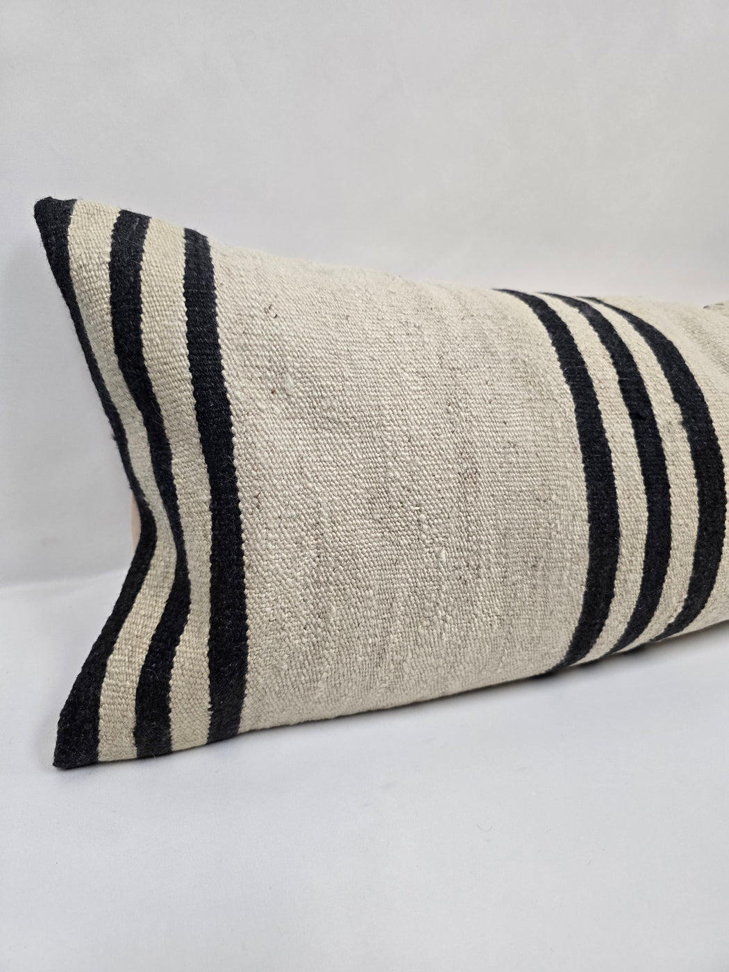 Turkish Lumbar Rug Pillow Cream Black Cushion Cover Hemp Pillow 14" x 40" #9512