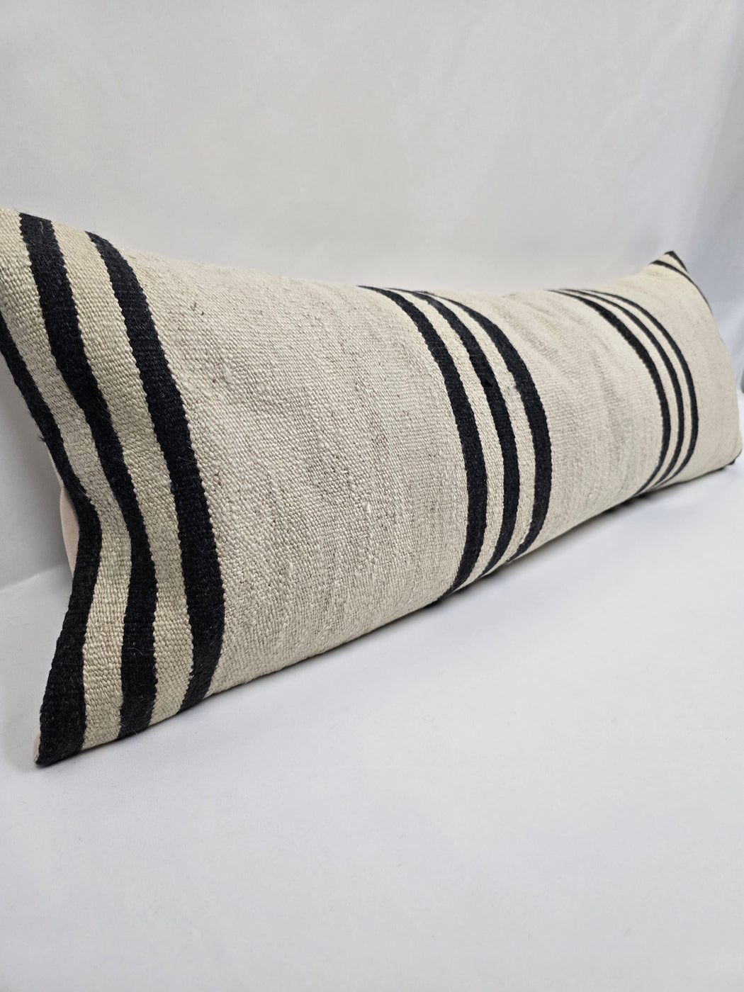 Turkish Lumbar Rug Pillow Cream Black Cushion Cover Hemp Pillow 14" x 40" #9512