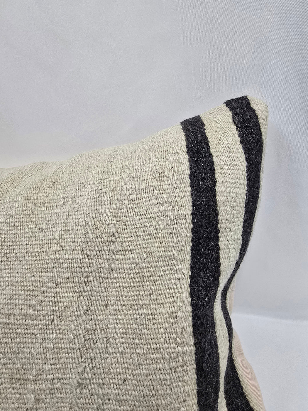 Turkish Lumbar Rug Pillow Cream Black Cushion Cover Hemp Pillow 14" x 40" #9512