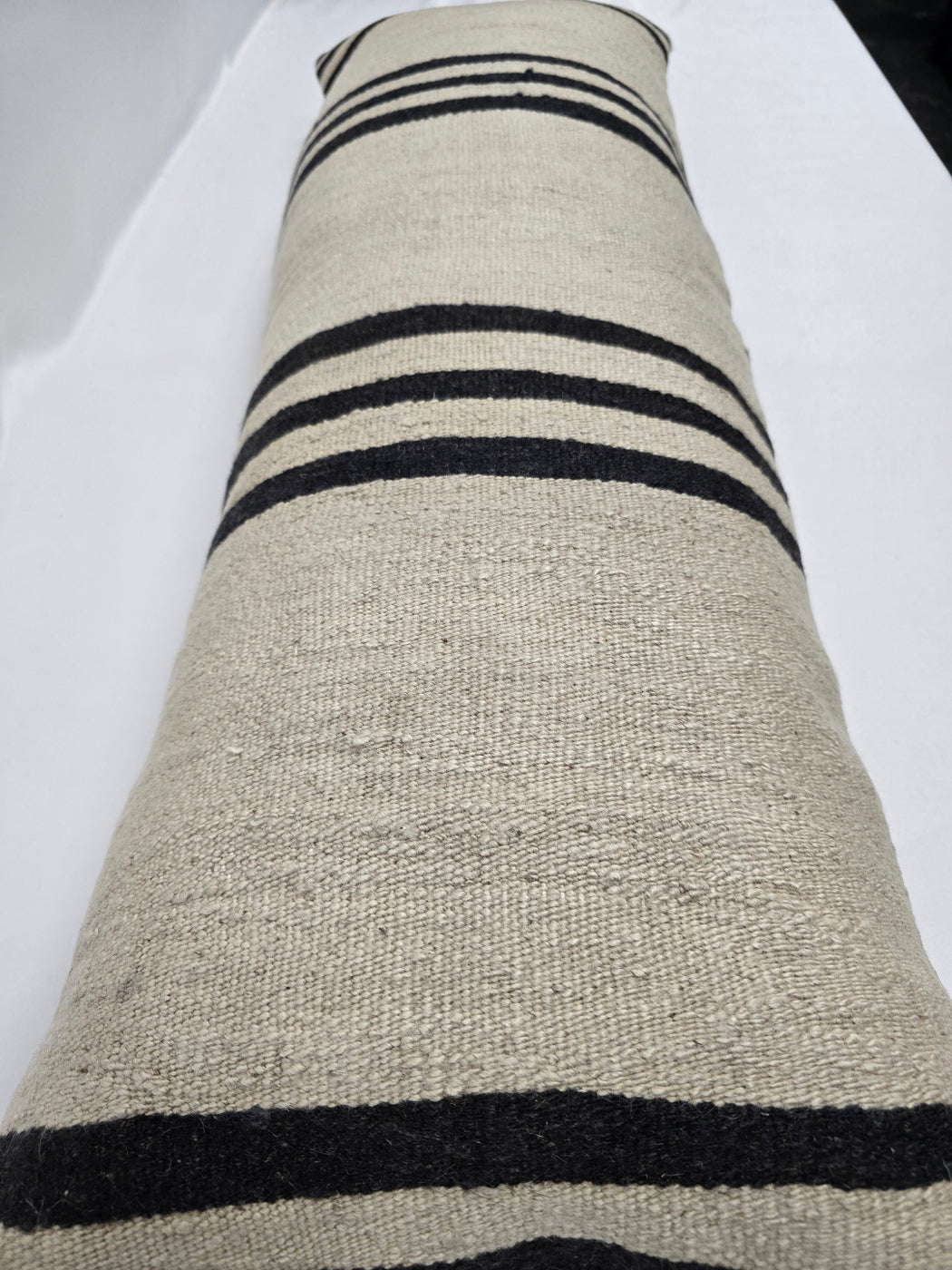 Turkish Lumbar Rug Pillow Cream Black Cushion Cover Hemp Pillow 14" x 40" #9512