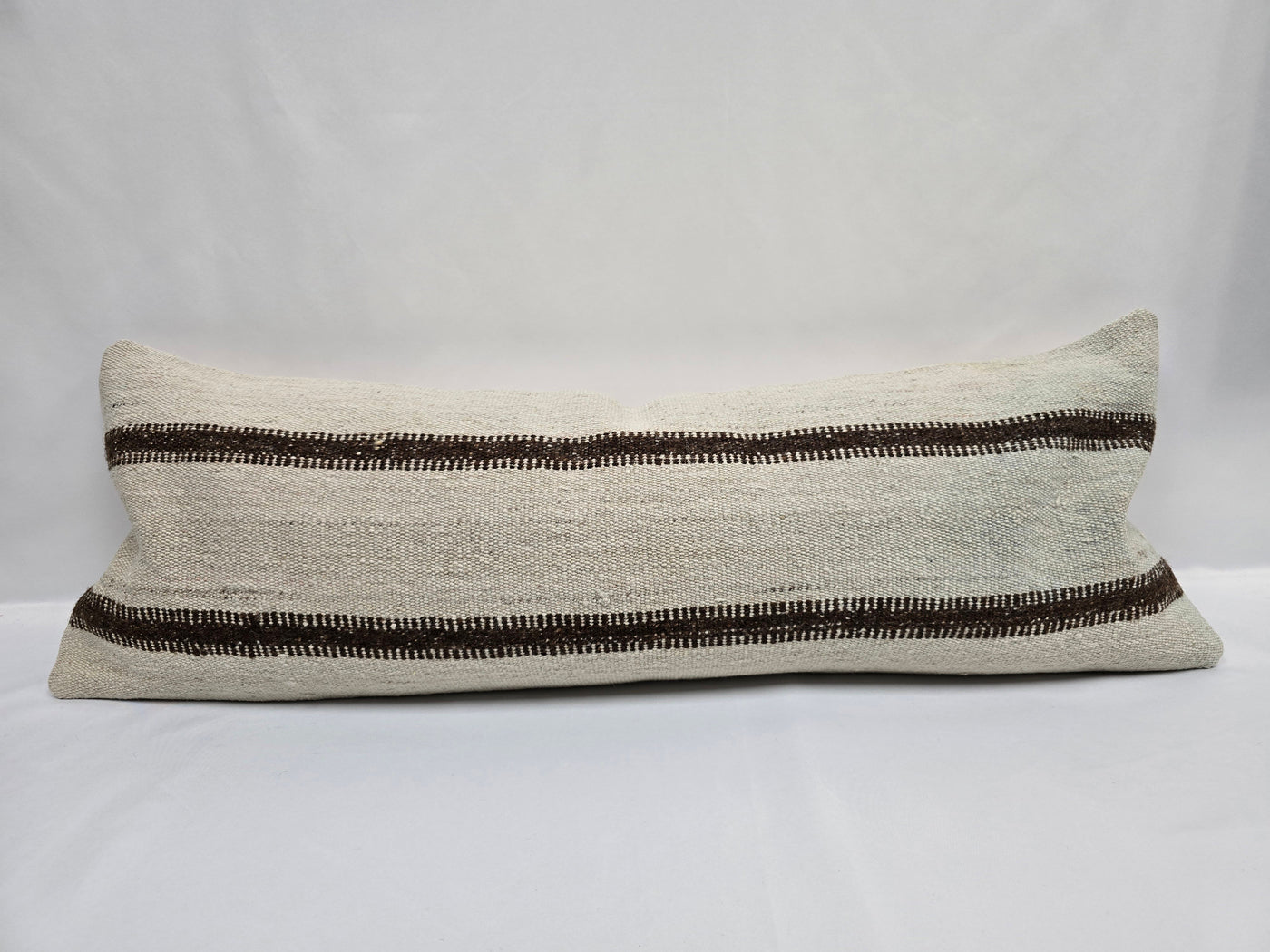 Turkish Lumbar Rug Pillow Cream Brown Cushion Cover Hemp Pillow 14" x 40" #9507