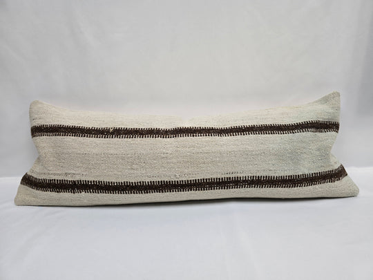 Turkish Lumbar Rug Pillow Cream Brown Cushion Cover Hemp Pillow 14" x 40" #9507