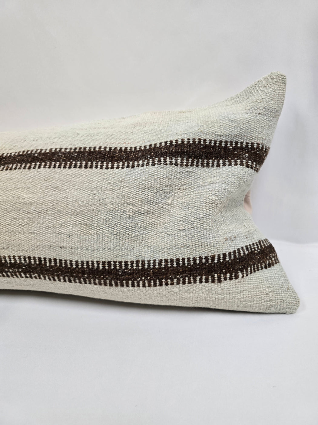 Turkish Lumbar Rug Pillow Cream Brown Cushion Cover Hemp Pillow 14" x 40" #9507