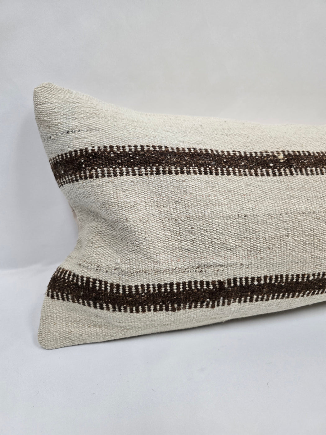 Turkish Lumbar Rug Pillow Cream Brown Cushion Cover Hemp Pillow 14" x 40" #9507