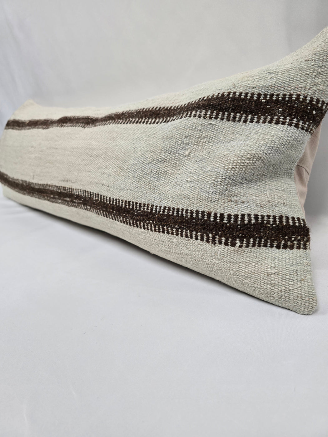 Turkish Lumbar Rug Pillow Cream Brown Cushion Cover Hemp Pillow 14" x 40" #9507