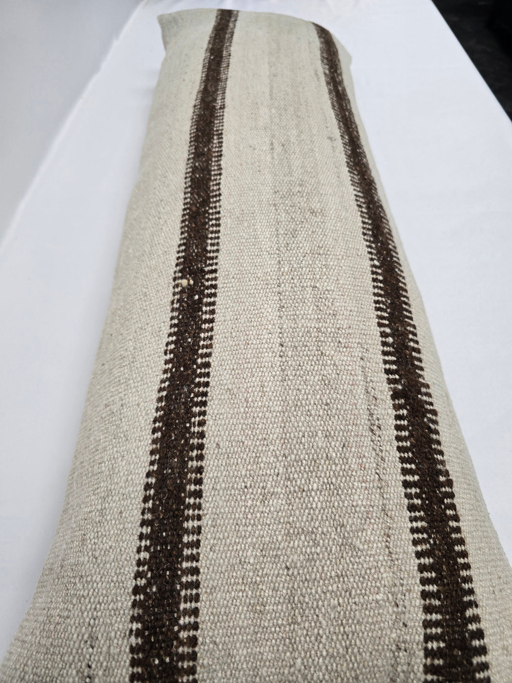 Turkish Lumbar Rug Pillow Cream Brown Cushion Cover Hemp Pillow 14" x 40" #9507