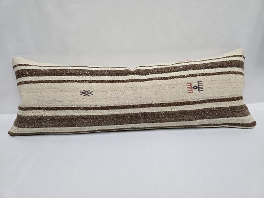 Turkish Lumbar Rug Pillow Cream Brown Cushion Cover Hemp Pillow 14" x 40" #9510