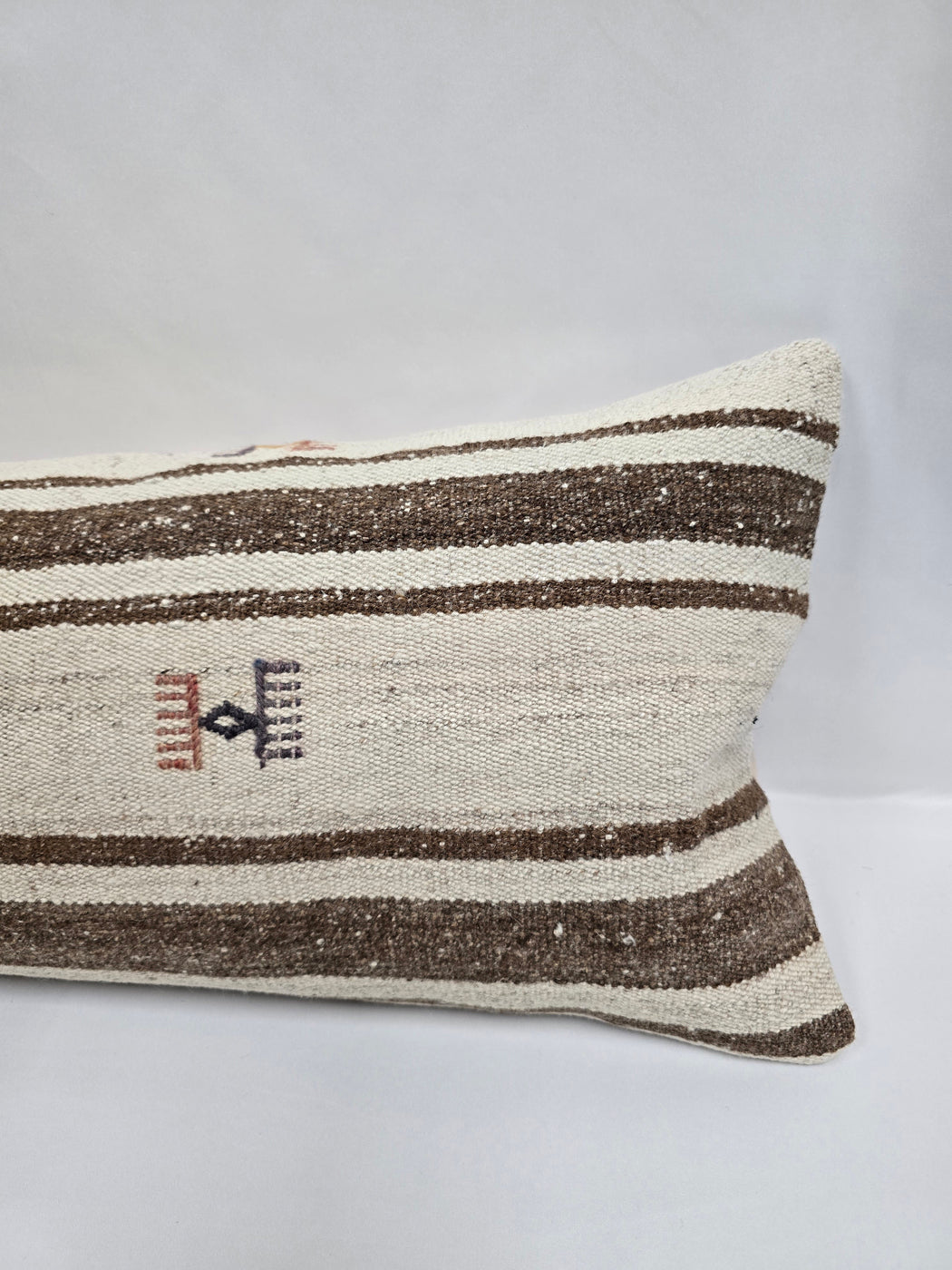 Turkish Lumbar Rug Pillow Cream Brown Cushion Cover Hemp Pillow 14" x 40" #9510