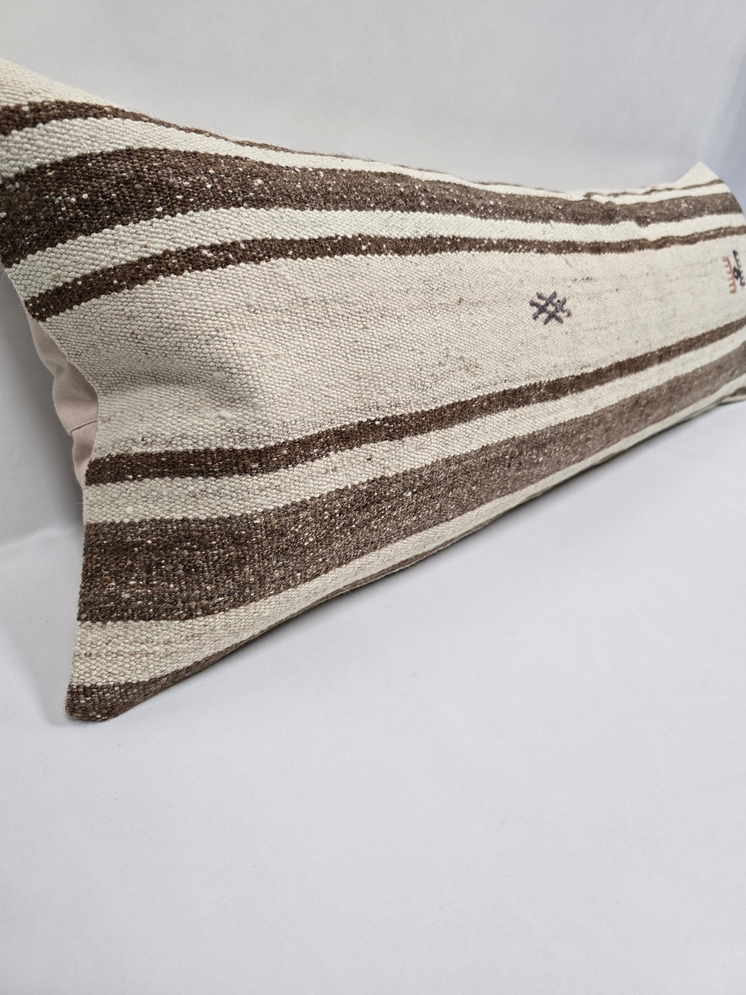 Turkish Lumbar Rug Pillow Cream Brown Cushion Cover Hemp Pillow 14" x 40" #9510