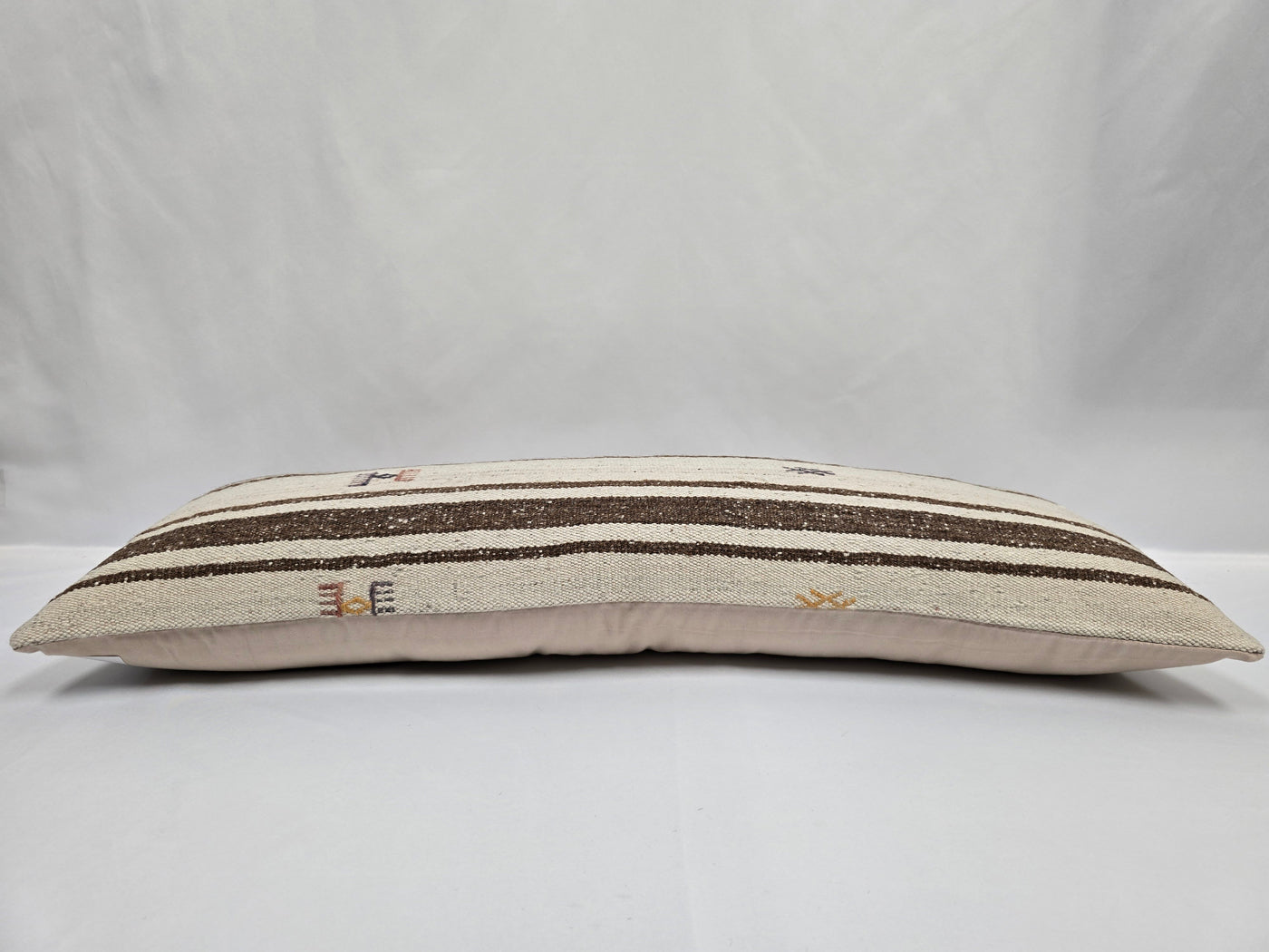 Turkish Lumbar Rug Pillow Cream Brown Cushion Cover Hemp Pillow 14" x 40" #9510