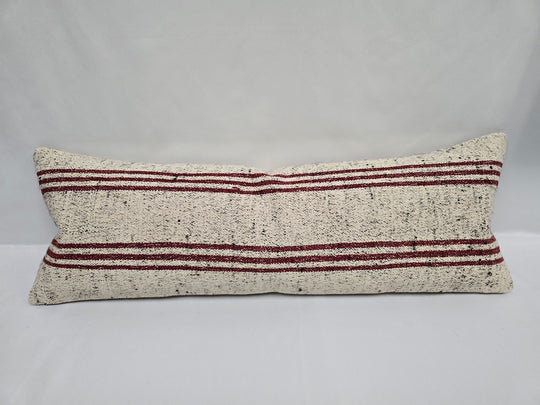 Turkish Lumbar Rug Pillow Cream Black Cushion Cover Hemp Pillow 14" x 40" #9509