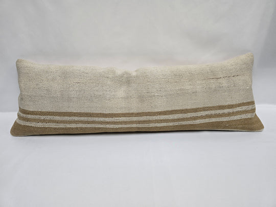 Turkish Lumbar Rug Pillow Cream Brown Cushion Cover Hemp Pillow 14" x 40" #9515