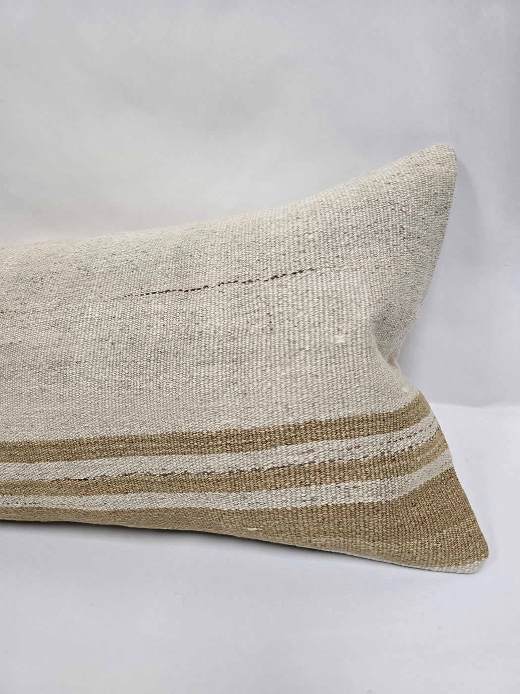 Turkish Lumbar Rug Pillow Cream Brown Cushion Cover Hemp Pillow 14" x 40" #9515