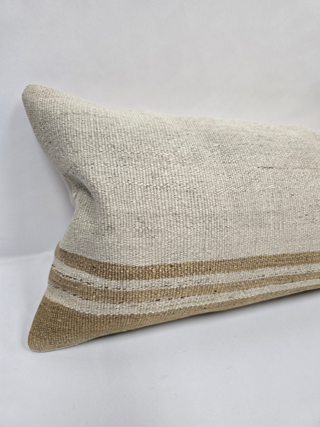 Turkish Lumbar Rug Pillow Cream Brown Cushion Cover Hemp Pillow 14" x 40" #9515