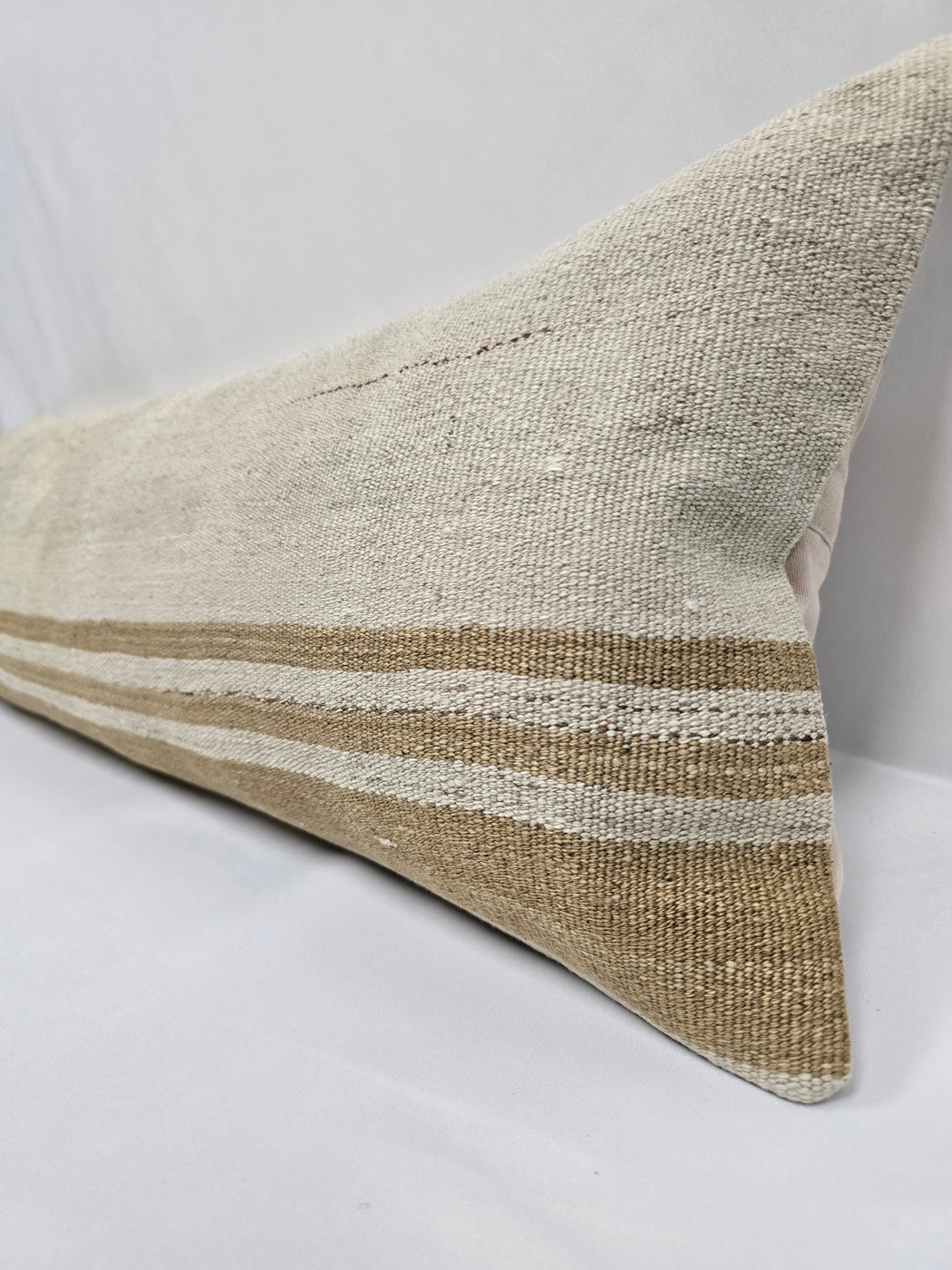 Turkish Lumbar Rug Pillow Cream Brown Cushion Cover Hemp Pillow 14" x 40" #9515