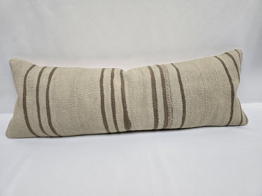 Turkish Lumbar Rug Pillow Cream Brown Cushion Cover Hemp Pillow 14" x 40" #9514