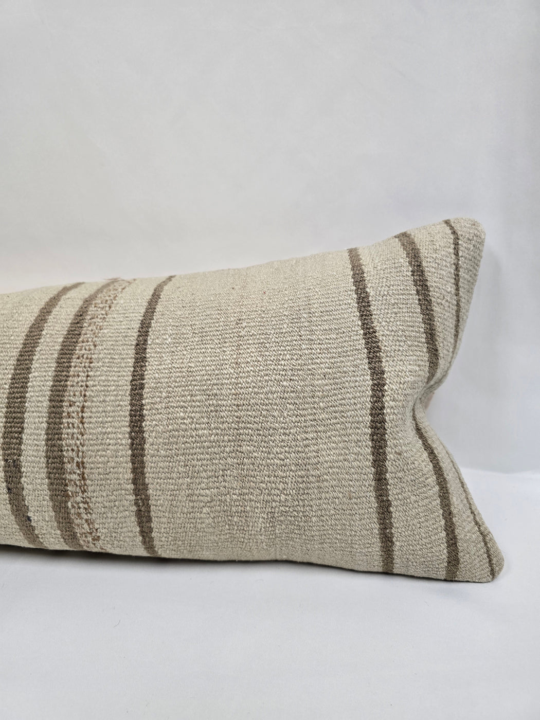 Turkish Lumbar Rug Pillow Cream Brown Cushion Cover Hemp Pillow 14" x 40" #9514