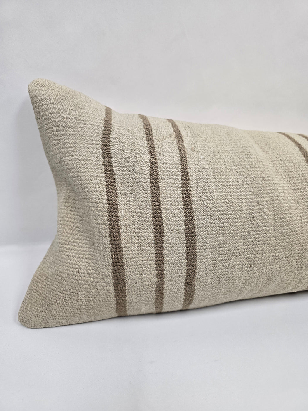Turkish Lumbar Rug Pillow Cream Brown Cushion Cover Hemp Pillow 14" x 40" #9514