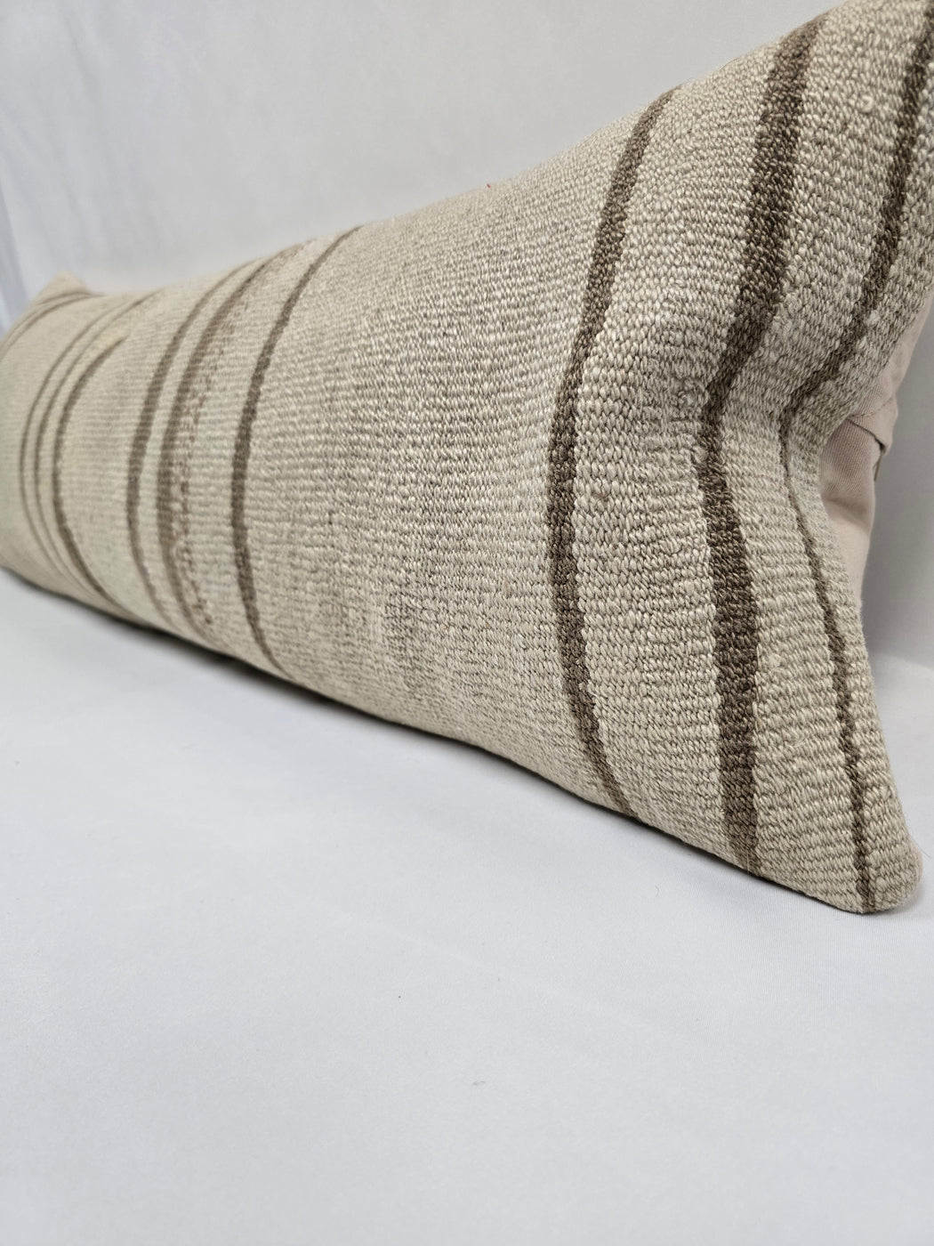 Turkish Lumbar Rug Pillow Cream Brown Cushion Cover Hemp Pillow 14" x 40" #9514