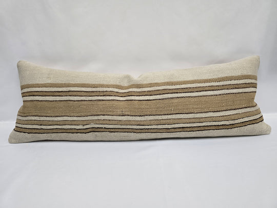 Turkish Lumbar Rug Pillow Cream Brown Cushion Cover Hemp Pillow 14" x 40" #9505