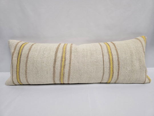Turkish Lumbar Rug Pillow Cream Yellow Cushion Cover Hemp Pillow 14" x 40" #9504