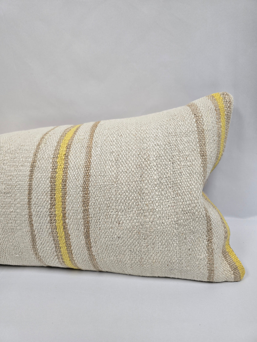 Turkish Lumbar Rug Pillow Cream Yellow Cushion Cover Hemp Pillow 14" x 40" #9504