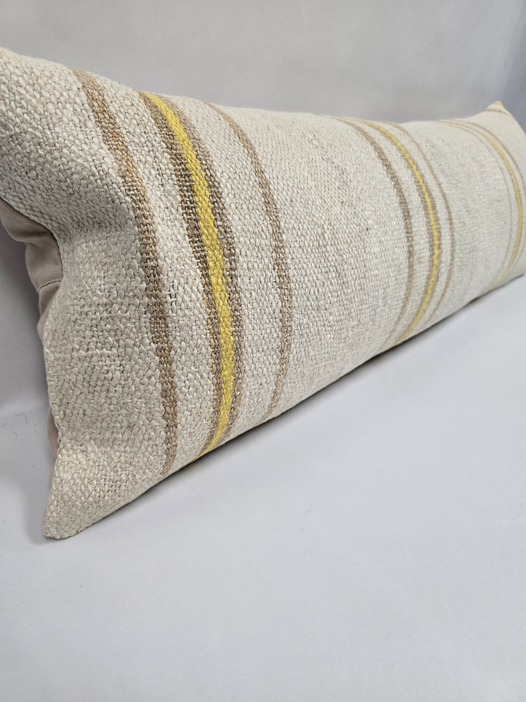 Turkish Lumbar Rug Pillow Cream Yellow Cushion Cover Hemp Pillow 14" x 40" #9504