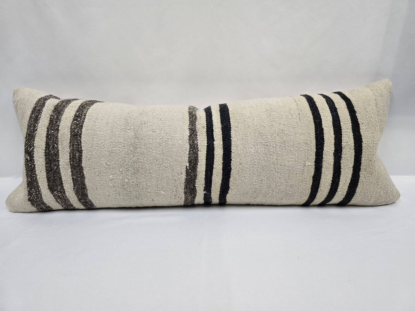 Turkish Lumbar Rug Pillow Cream Brown Black Cushion Cover Hemp Pillow 14" x 40" #9501