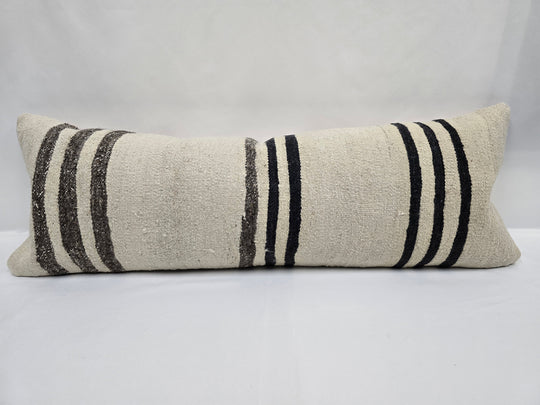 Turkish Lumbar Rug Pillow Cream Brown Black Cushion Cover Hemp Pillow 14" x 40" #9501