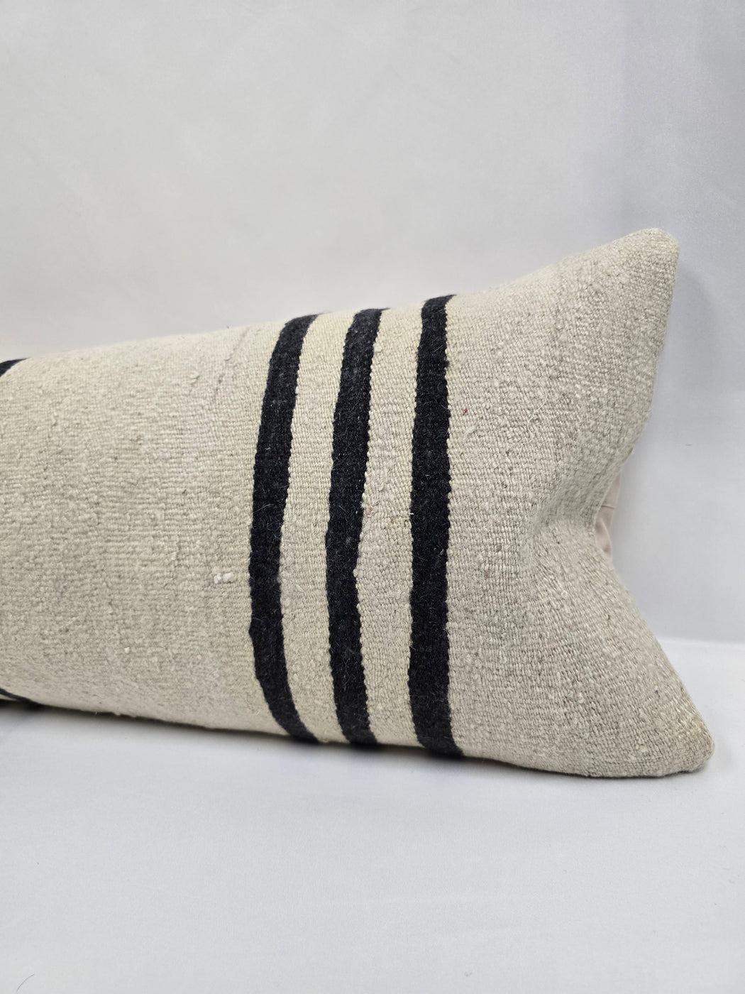 Turkish Lumbar Rug Pillow Cream Brown Black Cushion Cover Hemp Pillow 14" x 40" #9501
