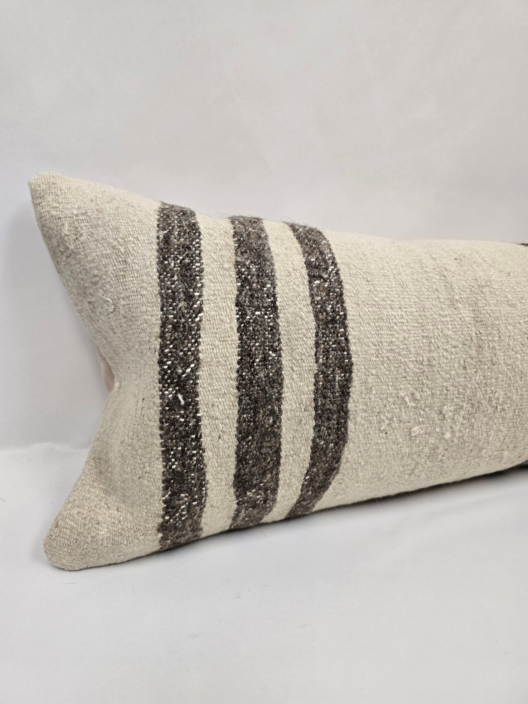 Turkish Lumbar Rug Pillow Cream Brown Black Cushion Cover Hemp Pillow 14" x 40" #9501