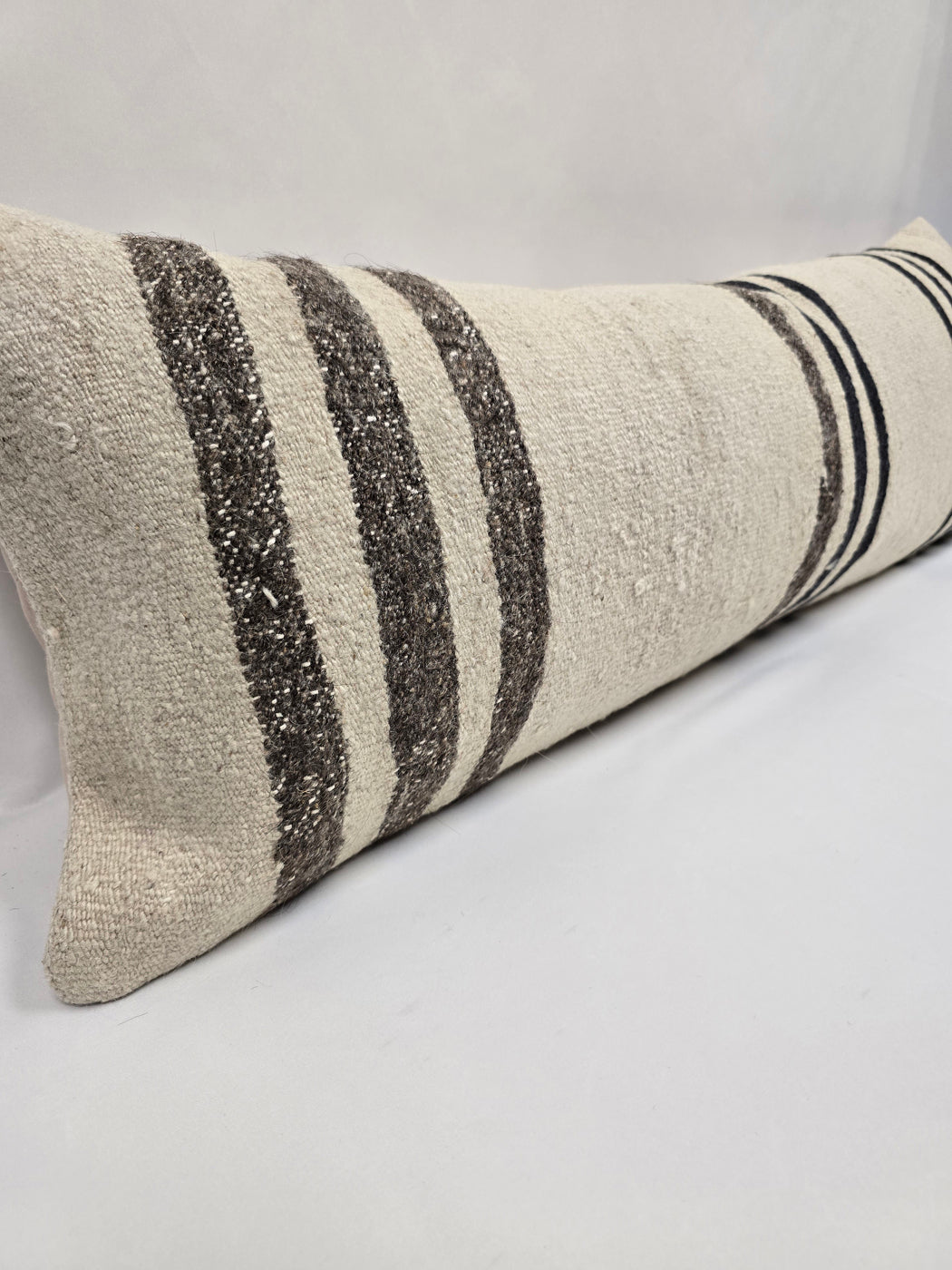 Turkish Lumbar Rug Pillow Cream Brown Black Cushion Cover Hemp Pillow 14" x 40" #9501