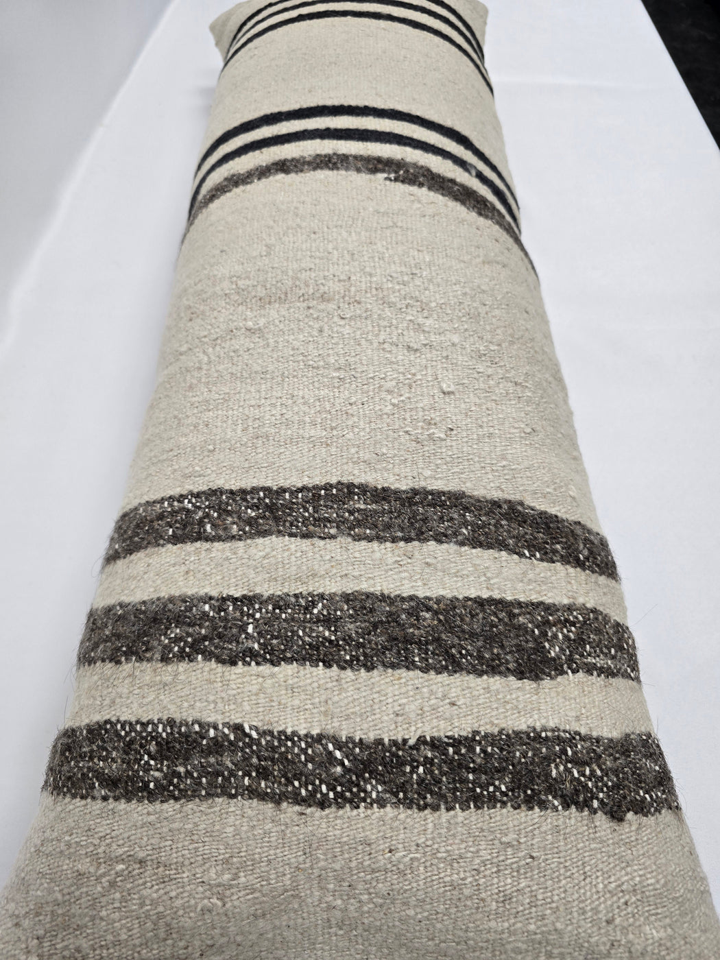 Turkish Lumbar Rug Pillow Cream Brown Black Cushion Cover Hemp Pillow 14" x 40" #9501