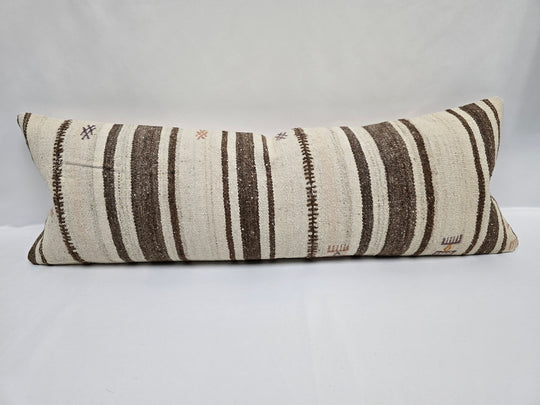 Turkish Lumbar Rug Pillow Cream Brown Cushion Cover Hemp Pillow 14" x 40" #9500