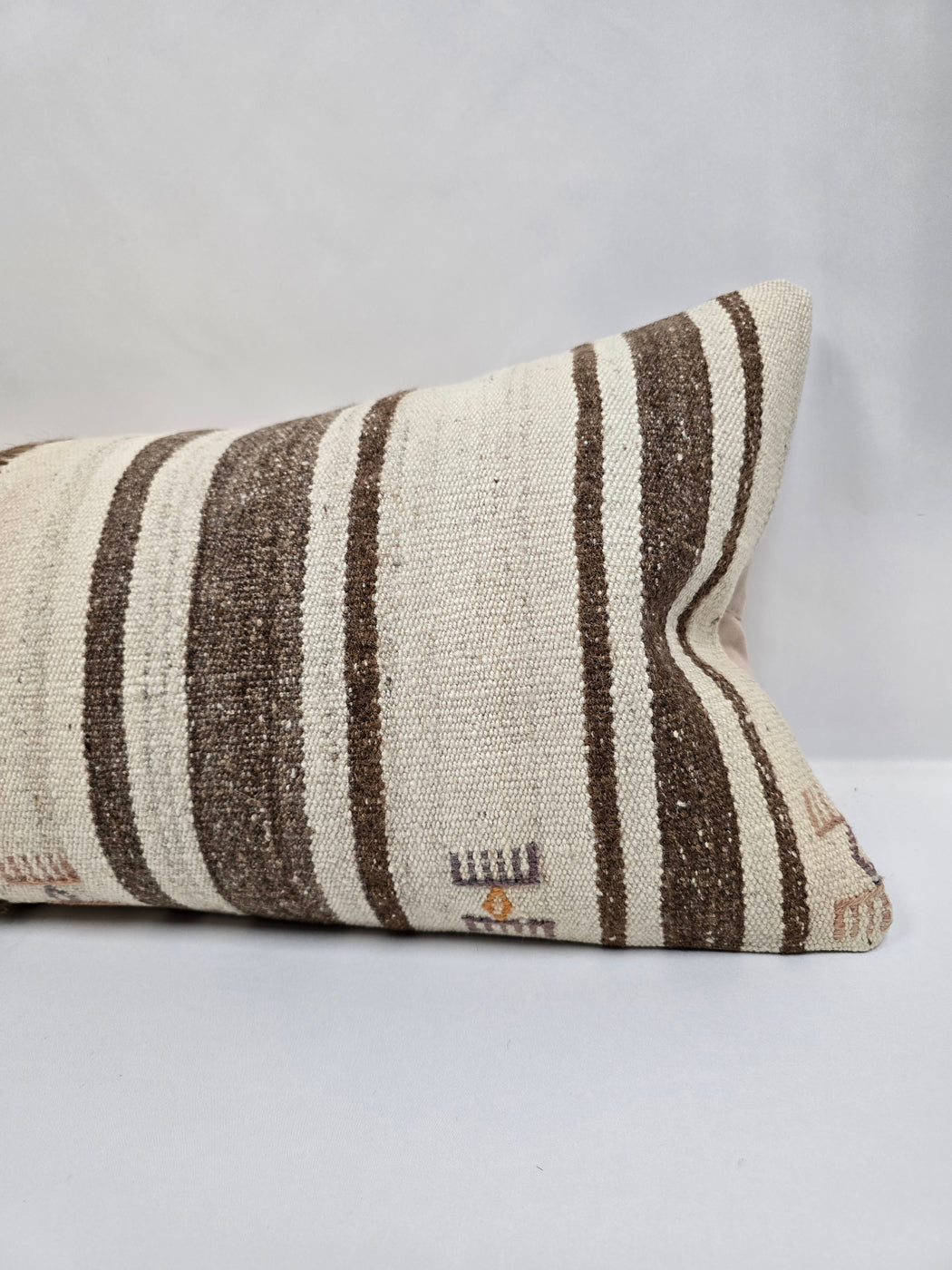 Turkish Lumbar Rug Pillow Cream Brown Cushion Cover Hemp Pillow 14" x 40" #9500
