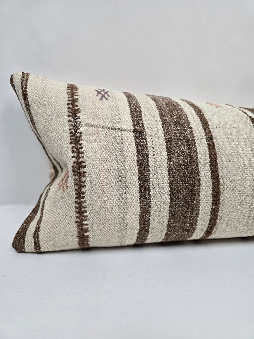 Turkish Lumbar Rug Pillow Cream Brown Cushion Cover Hemp Pillow 14" x 40" #9500