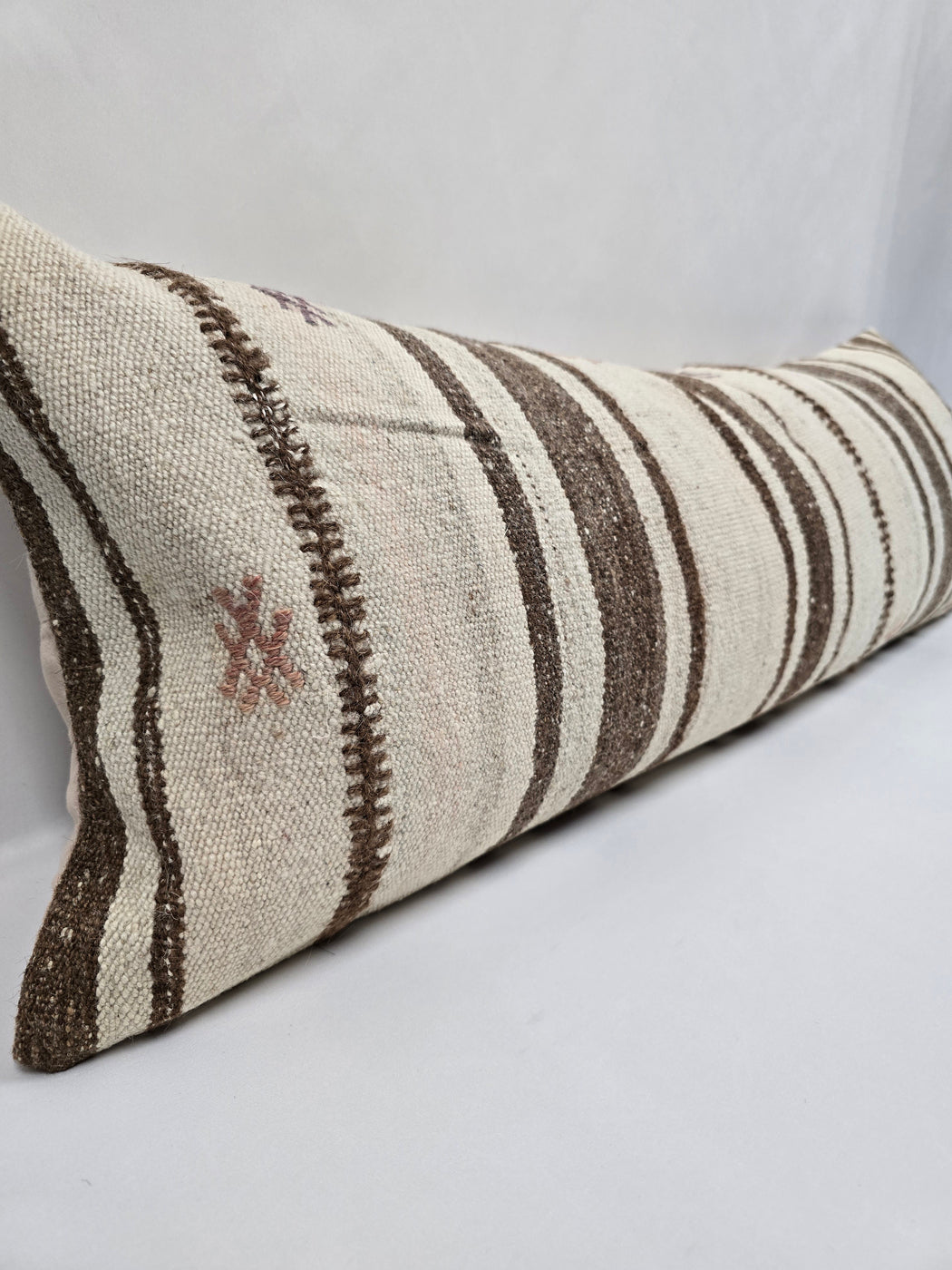 Turkish Lumbar Rug Pillow Cream Brown Cushion Cover Hemp Pillow 14" x 40" #9500