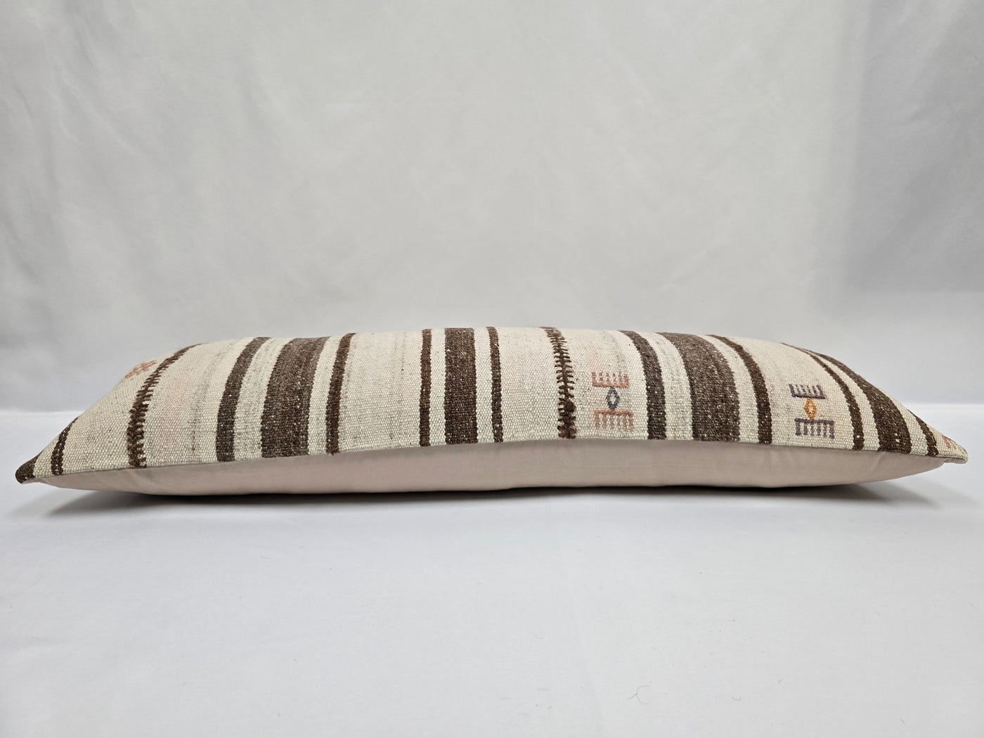 Turkish Lumbar Rug Pillow Cream Brown Cushion Cover Hemp Pillow 14" x 40" #9500