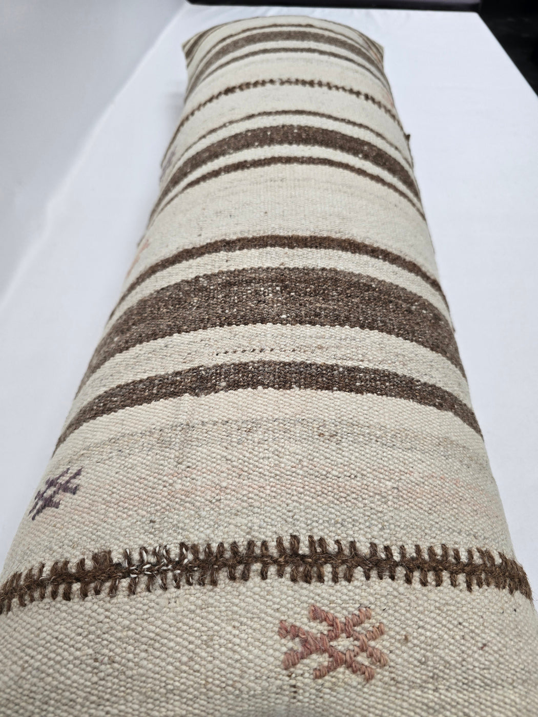 Turkish Lumbar Rug Pillow Cream Brown Cushion Cover Hemp Pillow 14" x 40" #9500
