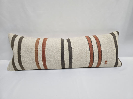 Turkish Lumbar Rug Pillow Cream Brown Black Cushion Cover Hemp Pillow 14" x 40" #9499
