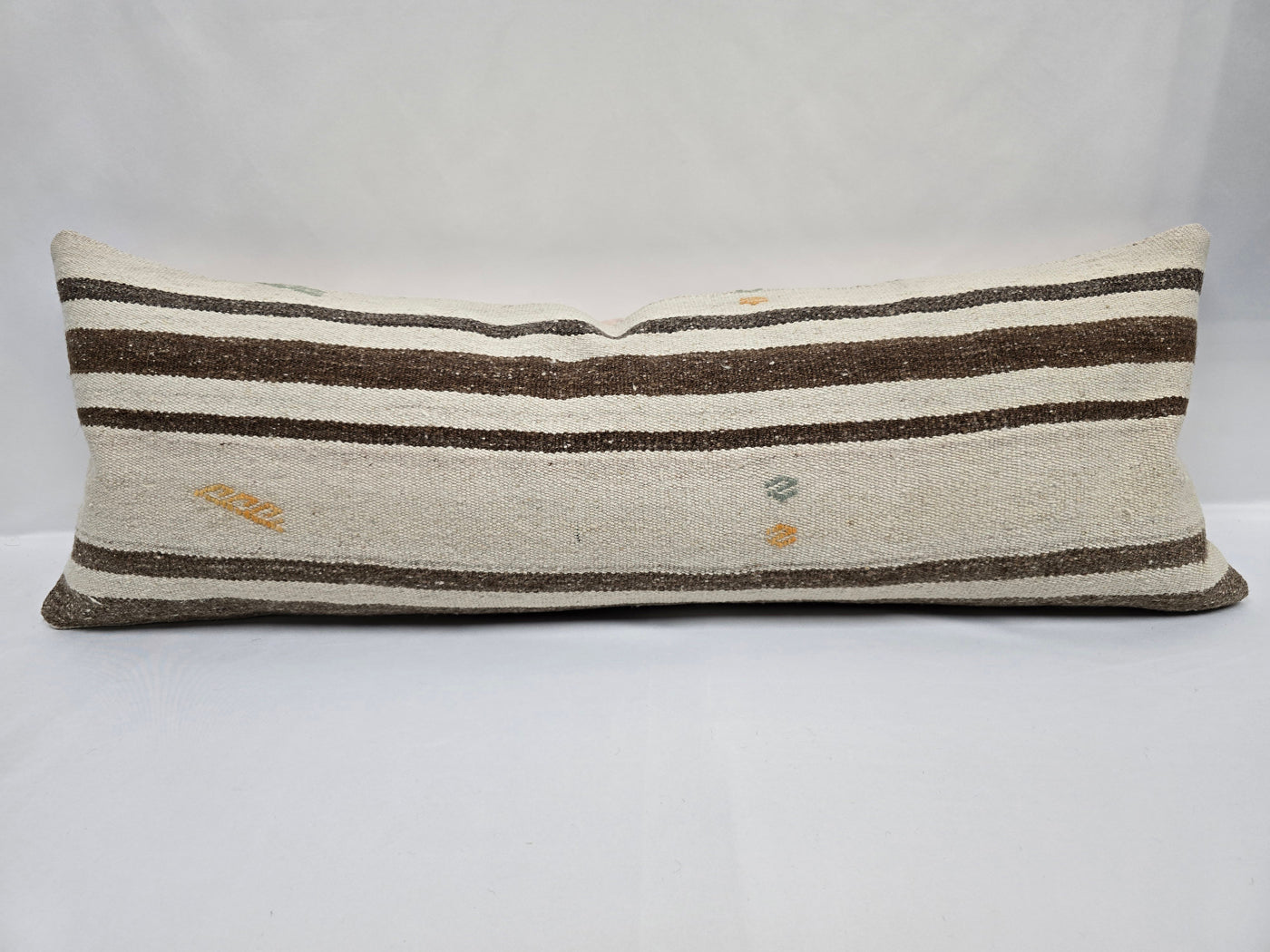 Turkish Lumbar Rug Pillow Cream Brown Cushion Cover Hemp Pillow 14" x 40" #9498