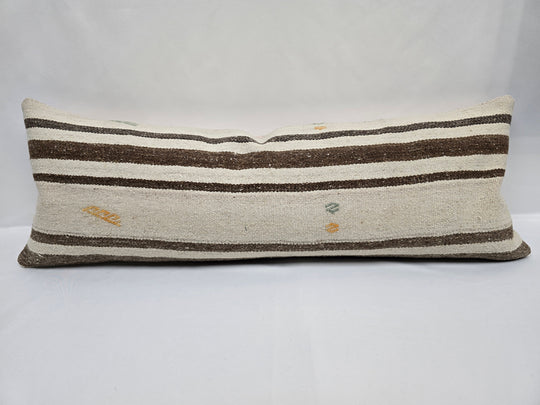 Turkish Lumbar Rug Pillow Cream Brown Cushion Cover Hemp Pillow 14" x 40" #9498