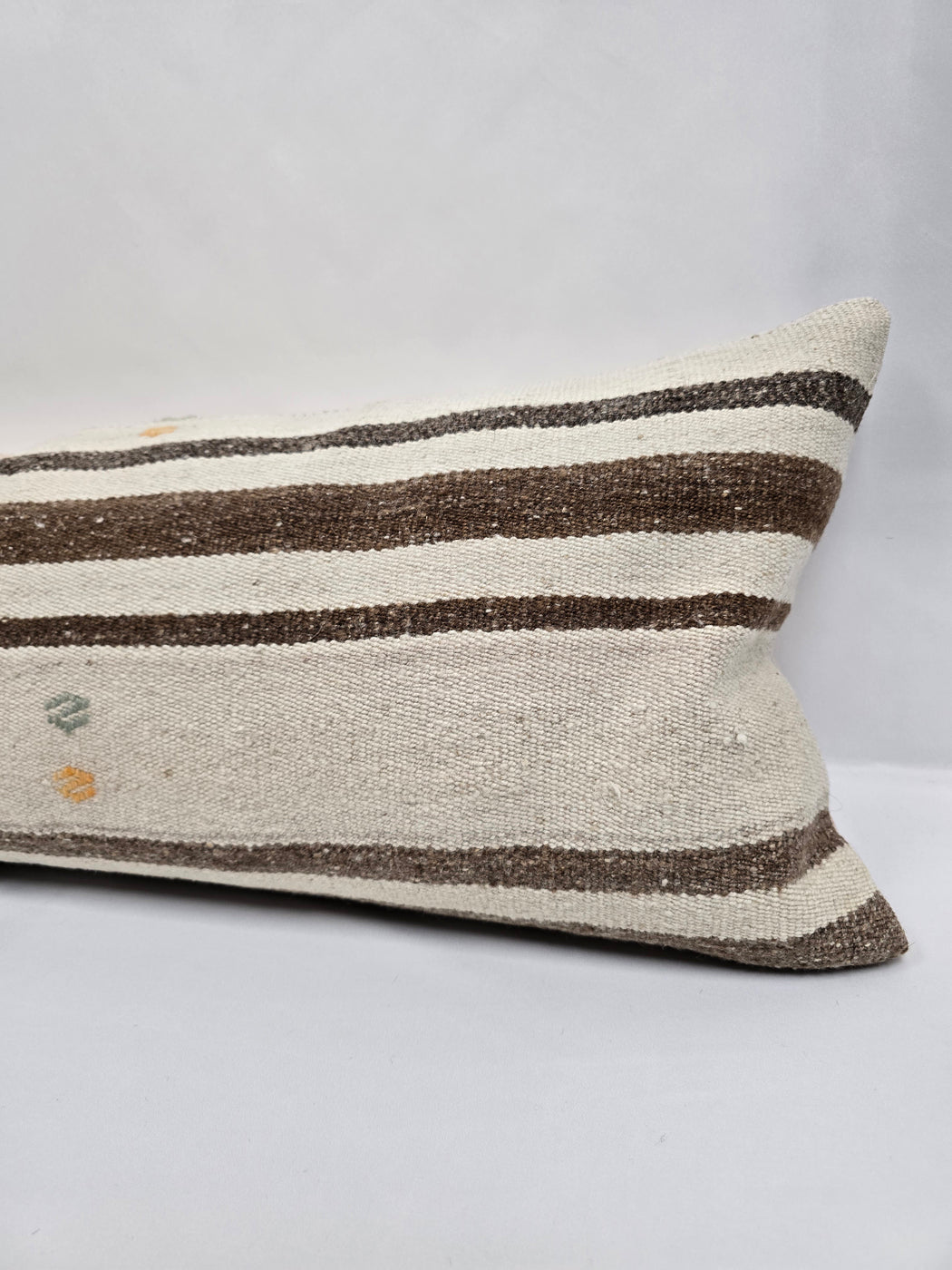 Turkish Lumbar Rug Pillow Cream Brown Cushion Cover Hemp Pillow 14" x 40" #9498