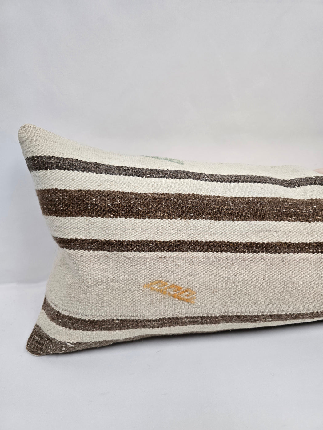 Turkish Lumbar Rug Pillow Cream Brown Cushion Cover Hemp Pillow 14" x 40" #9498