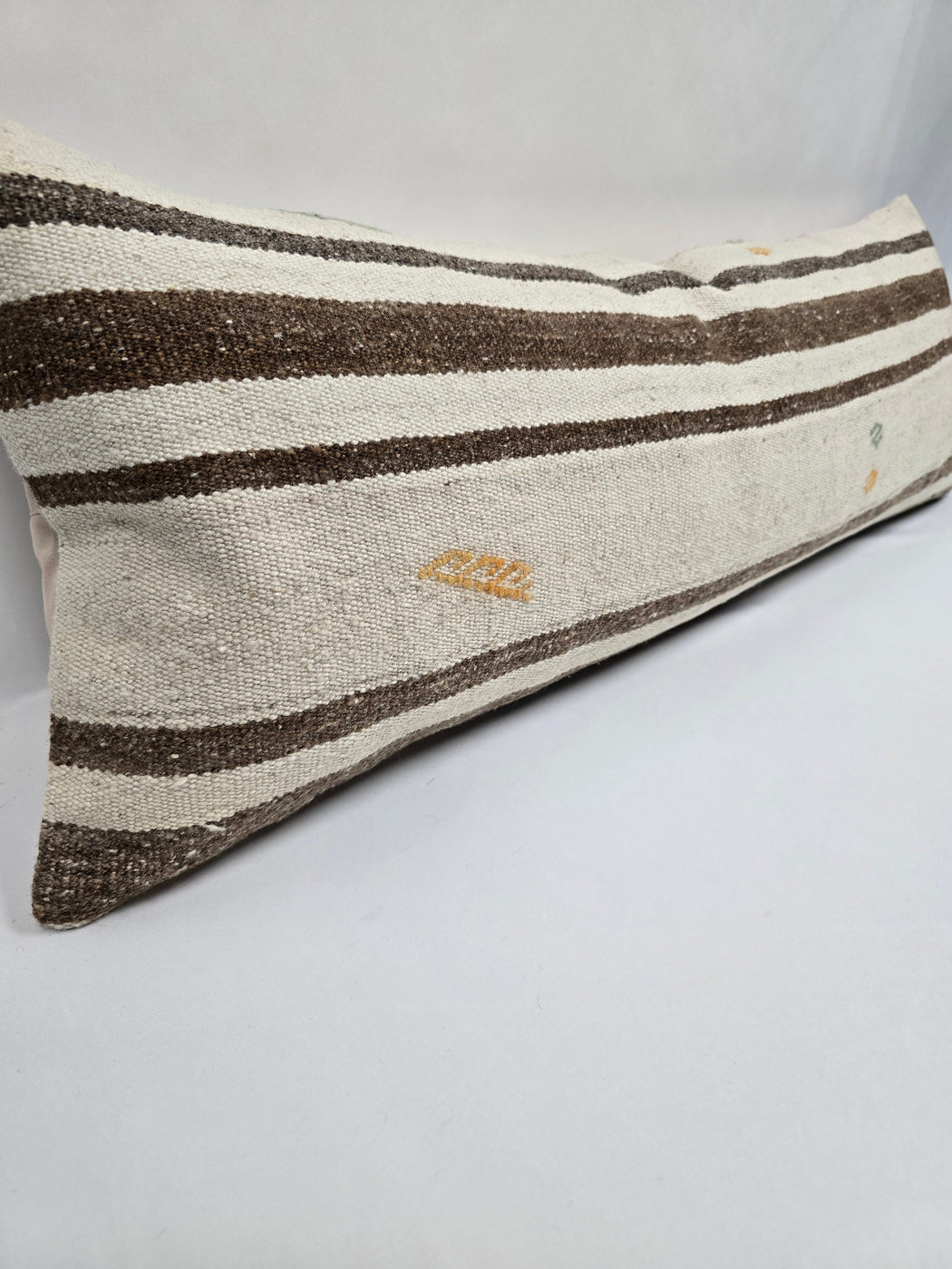 Turkish Lumbar Rug Pillow Cream Brown Cushion Cover Hemp Pillow 14" x 40" #9498
