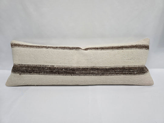 Turkish Lumbar Rug Pillow Cream Brown Cushion Cover Hemp Pillow 14" x 40" #9490