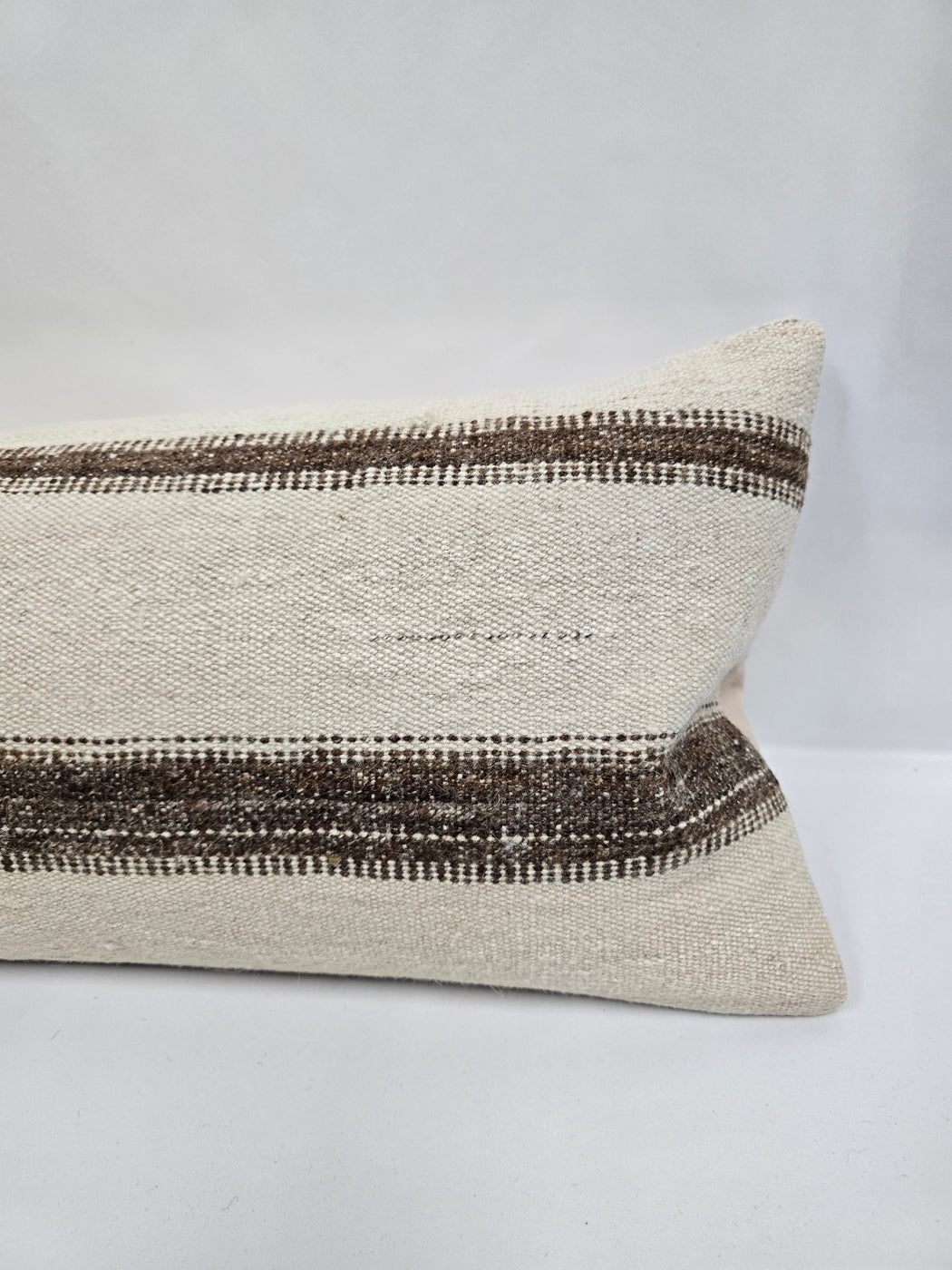 Turkish Lumbar Rug Pillow Cream Brown Cushion Cover Hemp Pillow 14" x 40" #9490