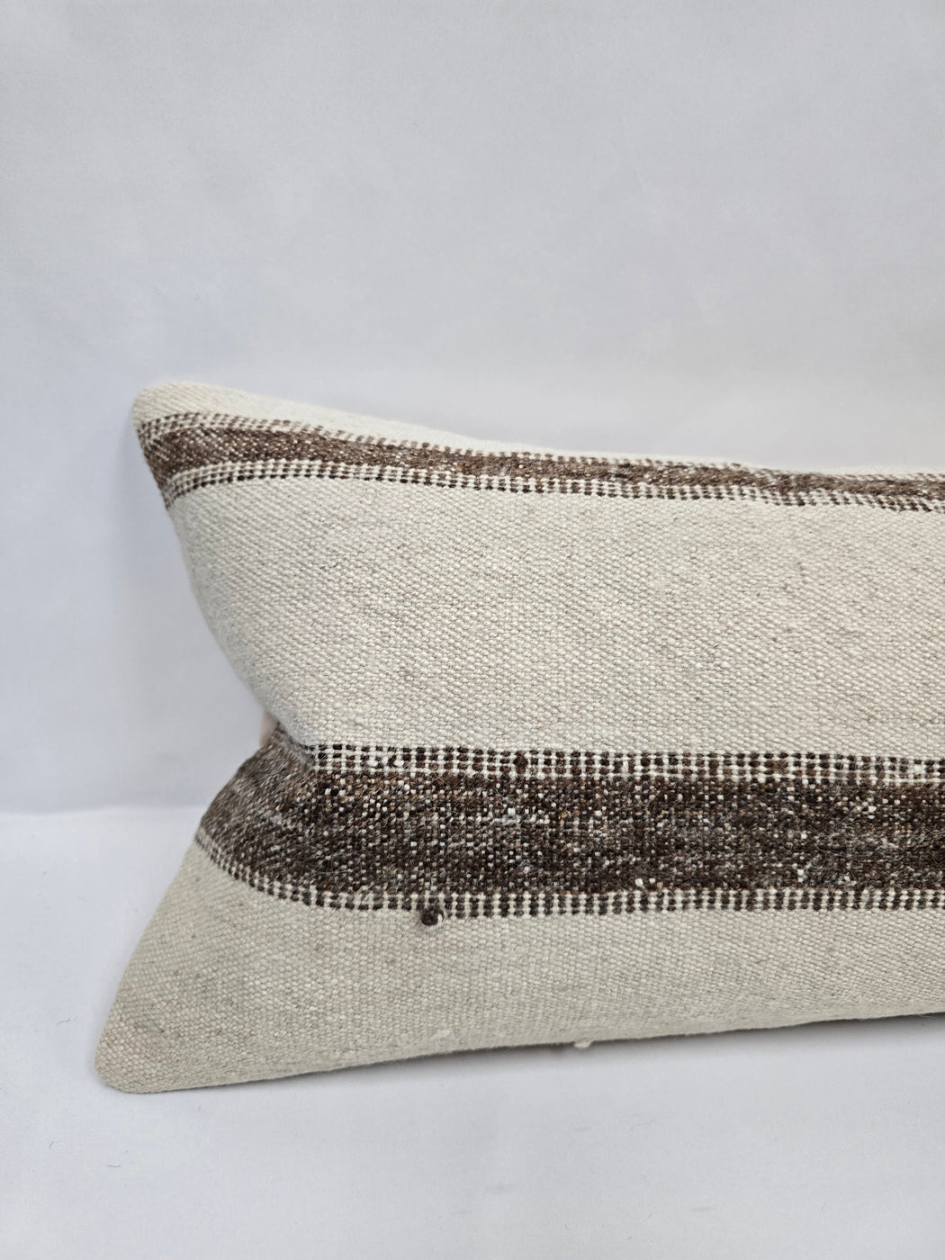 Turkish Lumbar Rug Pillow Cream Brown Cushion Cover Hemp Pillow 14" x 40" #9490